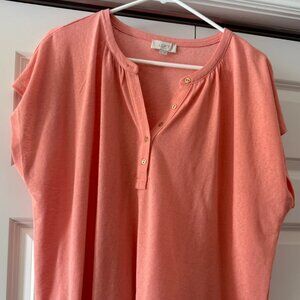 LOFT Coral Henley Top XL Short Sleeve Button Front Lightweight Tee